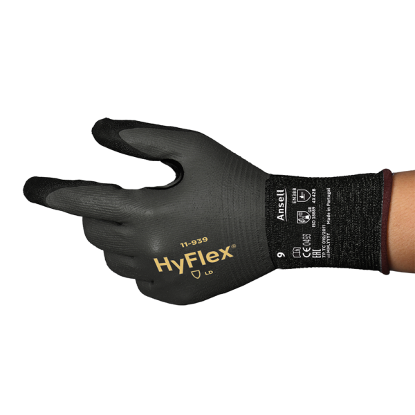 Side view of Ansell HyFlex 11-939 glove showing model number and EN certification markings.