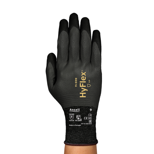 Backhand view of Ansell HyFlex 11-939 glove highlighting full glove design and compliance symbols.