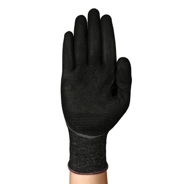 Palm view of Ansell HyFlex 11-939 industrial glove, showing textured grip and snug wrist cuff.