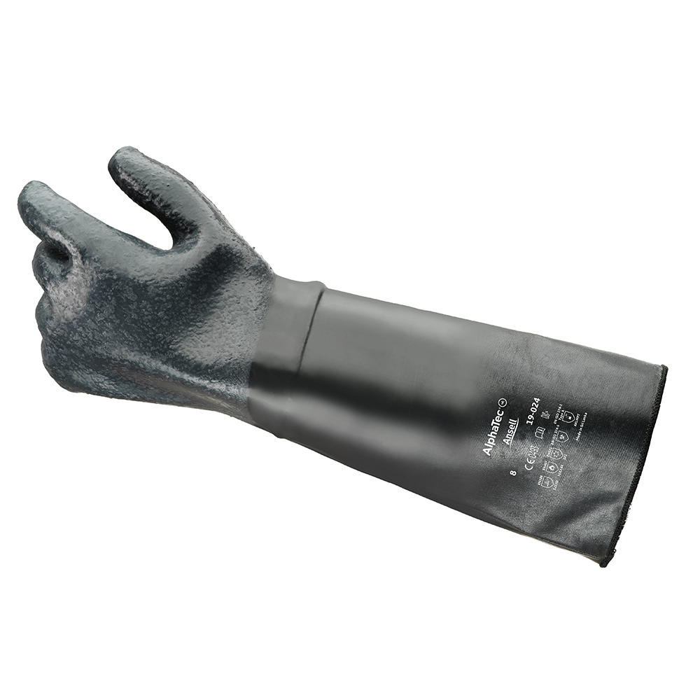 Angled view of AlphaTec 19-024 glove displaying textured palm, finger curvature, and safety markings.