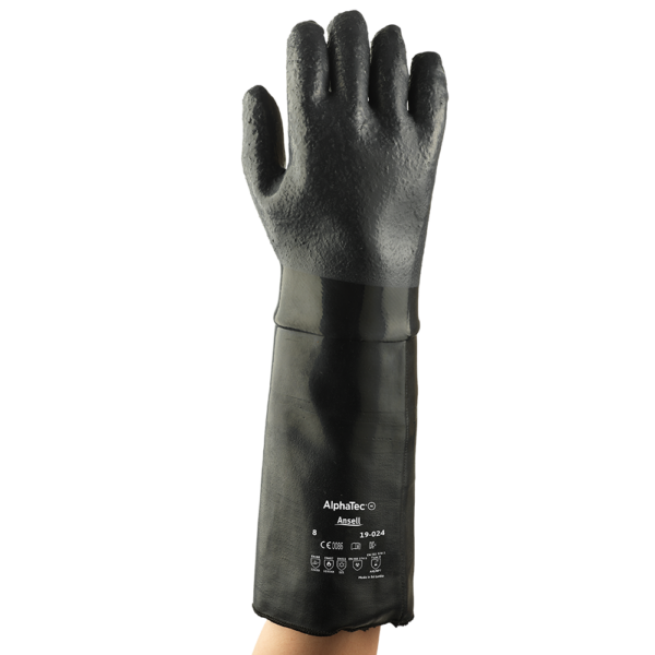 Full front view of AlphaTec 19-024 glove showing long gauntlet cuff and embossed certification details.