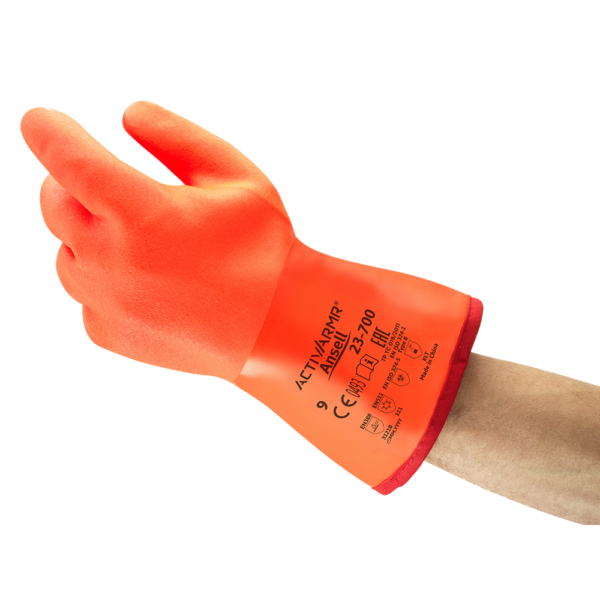 Ansell ActivArmr 23-700 glove worn on hand, demonstrating wrist coverage and textured grip