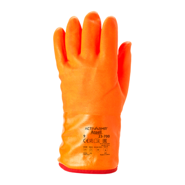 Front view of Ansell ActivArmr 23-700 glove showing orange nitrile coating and certification markings
