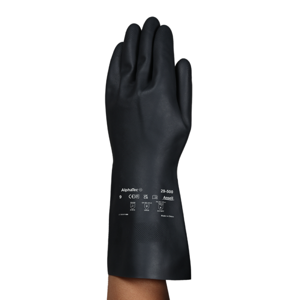 Front view of Ansell AlphaTec 29-500 glove with printed EN certifications and branding