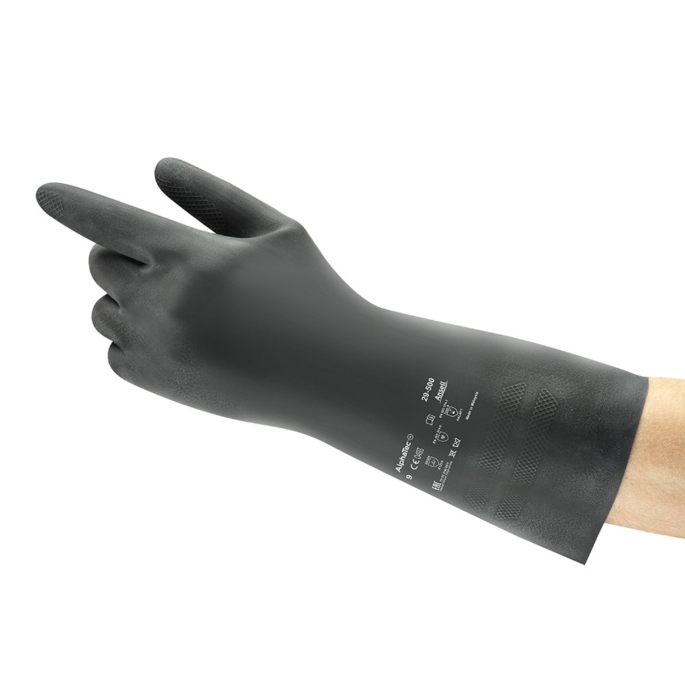 Ansell AlphaTec 29-500 chemical glove shown in angled profile with visible grip texture and product markings