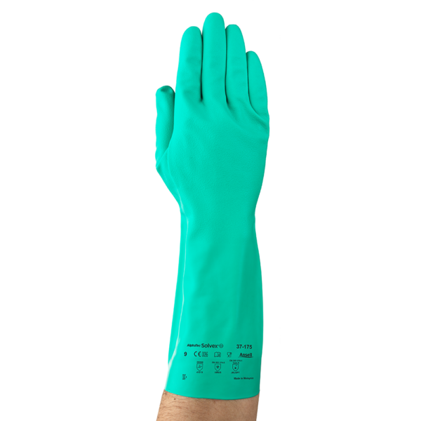 AlphaTec Solvex 37-175 glove shown on hand with product markings and certification symbols visible.