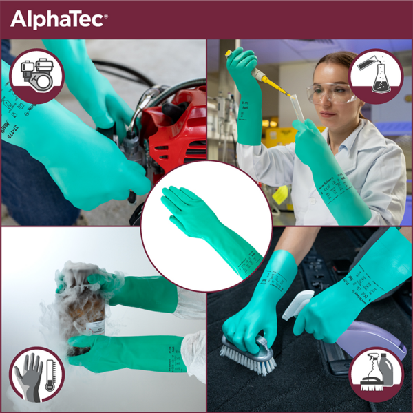 AlphaTec Solvex 37-175 chemical-resistant gloves shown in use across automotive, lab, cleaning, and cold-handling tasks.