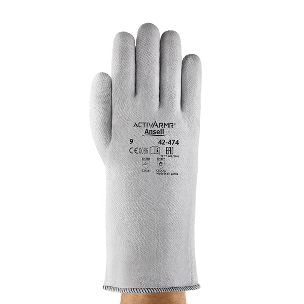 Front view of Ansell ActivArmr 42-474 heat-resistant glove with printed specifications