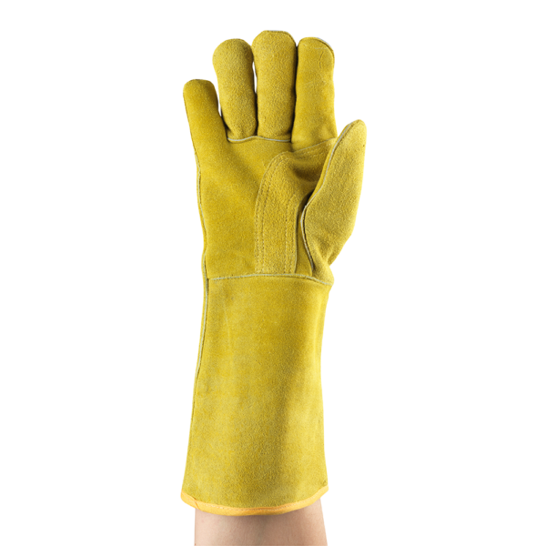 Backhand view of the Ansell ActivArmr 43-216 glove with visible reinforced stitching and suede leather texture
