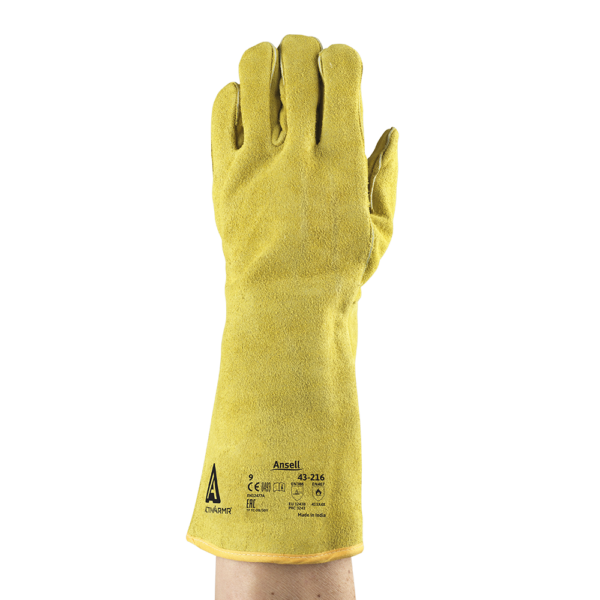 Ansell ActivArmr 43-216 glove shown palm-side up with extended cuff and leather finish