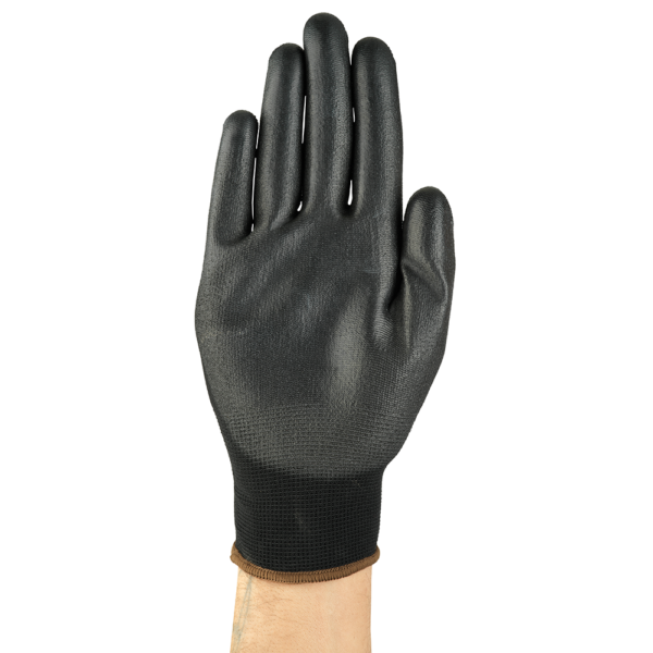 Palm view of Ansell HyFlex 48-101 black nylon gloves with PU coating, showcasing the smooth finish and snug fit.