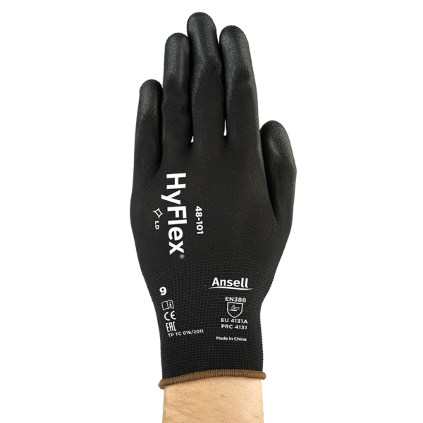 Back view of Ansell HyFlex 48-101 gloves displaying printed product markings and EN388 mechanical protection ratings.