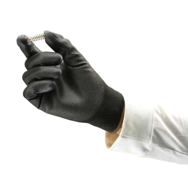 Close-up of HyFlex 48-101 glove gripping a small metal spring, highlighting dexterity and precision handling.