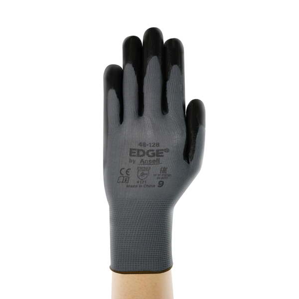 Back view of Ansell EDGE 48-128 glove with product branding and compliance markings