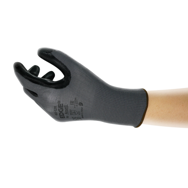 Side angled view of Ansell EDGE 48-128 glove demonstrating grip and flexibility