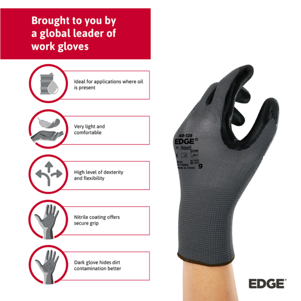 Infographic highlighting comfort, grip, and oil resistance benefits of Ansell EDGE 48-128 glove