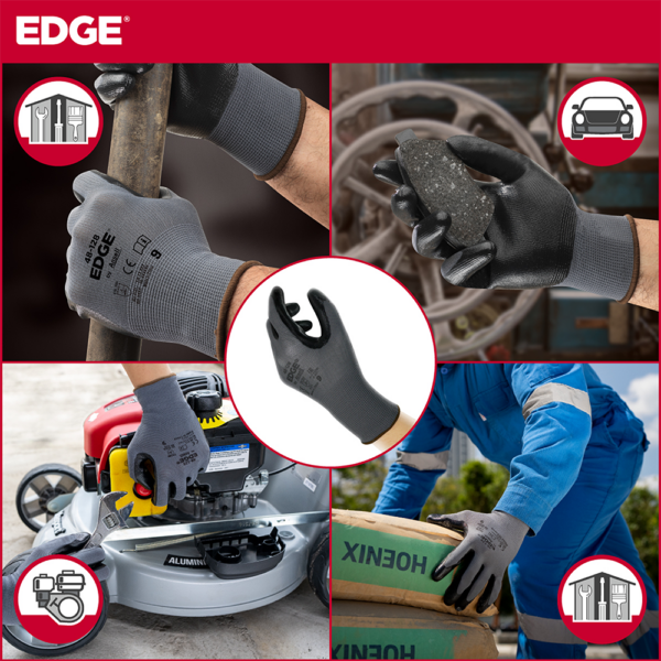 Ansell EDGE 48-128 glove in action across multiple work environments including automotive and construction