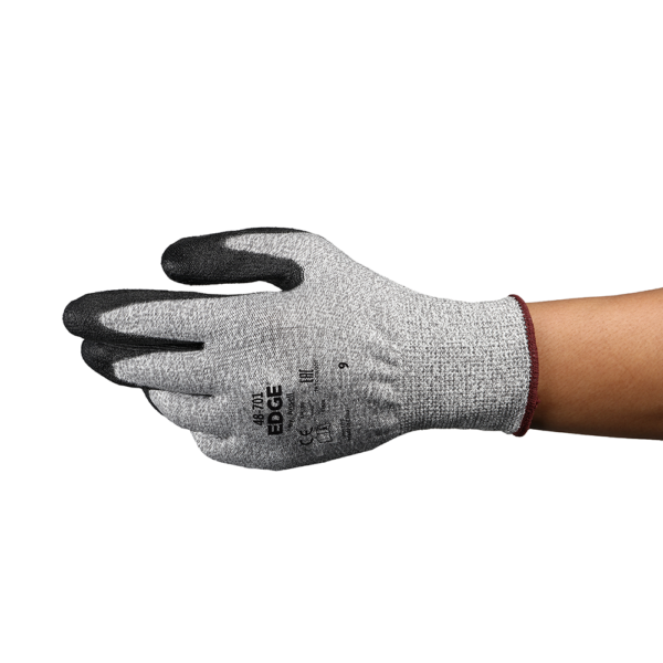Ansell EDGE 48-701 glove shown from side angle displaying PU-coated fingertips and palm grip