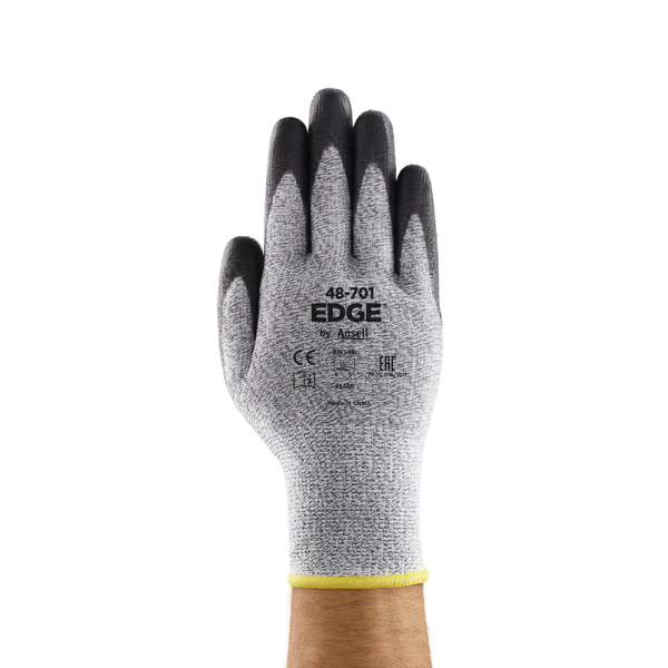Back view of Ansell EDGE 48-701 glove showcasing grey HPPE liner and product markings