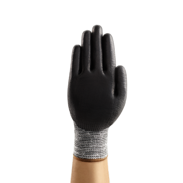 Palm view of Ansell EDGE 48-705 glove with black nitrile coating and snug wrist cuff.