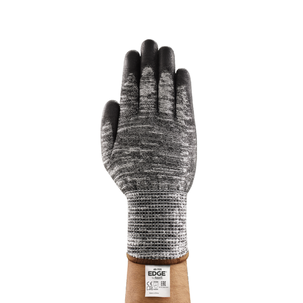 Ansell EDGE 48-705 glove showing back of hand with grey and black HPPE knit liner.