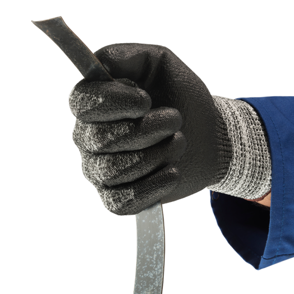 Ansell EDGE 48-705 glove providing secure grip on a sharp metal strip during handling.