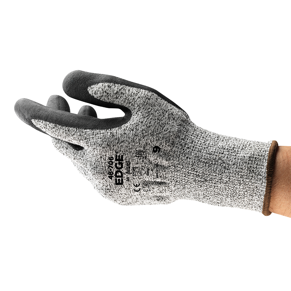 Ansell EDGE 48-706 cut-resistant glove in angled side view, showing grey HPPE liner and black nitrile coating
