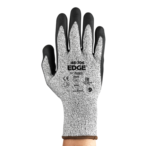 Front view of Ansell EDGE 48-706 glove showing printed certifications and product code on the back of hand