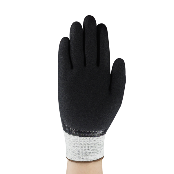 Palm view of Ansell EDGE 48-929 glove with black sandy finish for enhanced grip.