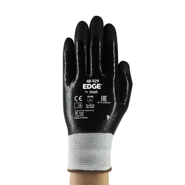Front view of Ansell EDGE 48-929 glove showing printed certification and nitrile coating.