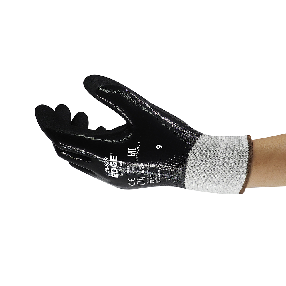 Angled view of Ansell EDGE 48-929 glove highlighting ergonomic fit and durable palm.