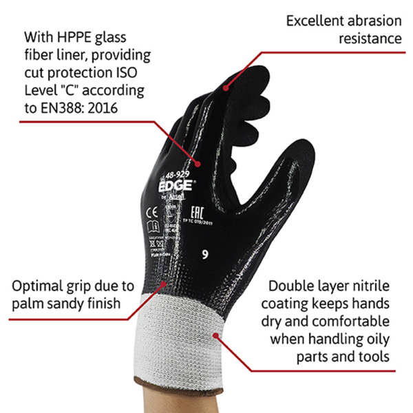 Feature callout image of Ansell EDGE 48-929 glove showing cut resistance, grip, and nitrile coating.