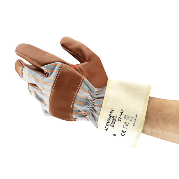 Angled view of the Ansell ActivArmr 52-547 leather glove, showing striped fabric back and reinforced brown leather palm and fingertips, worn on a hand.