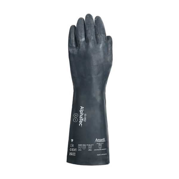 Ansell AlphaTec 53-002 glove showing extended cuff and printed chemical protection markings.