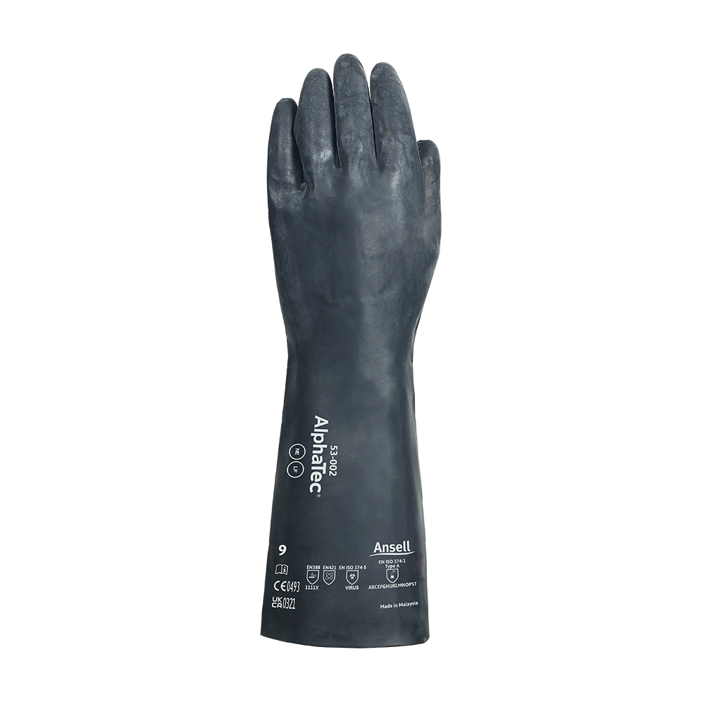 Ansell AlphaTec 53-002 glove showing extended cuff and printed chemical protection markings.