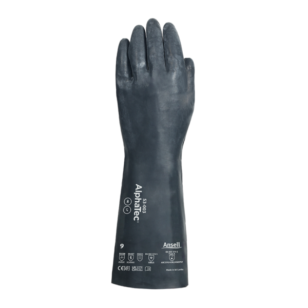 Top view of AlphaTec 53-003 glove with visible product branding and EN certifications