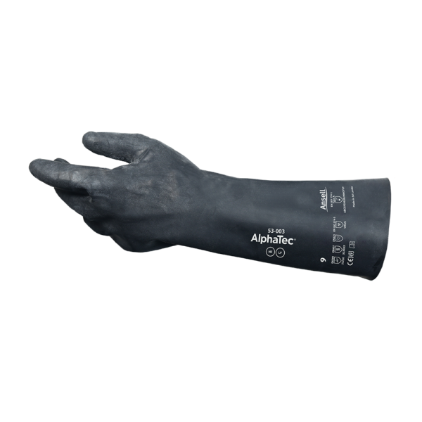 Side profile of AlphaTec 53-003 glove displaying printed safety markings and extended cuff