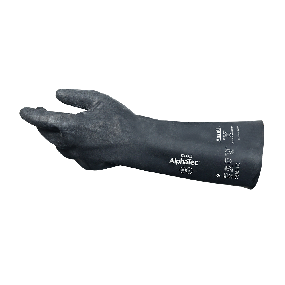 Side profile of AlphaTec 53-003 glove displaying printed safety markings and extended cuff