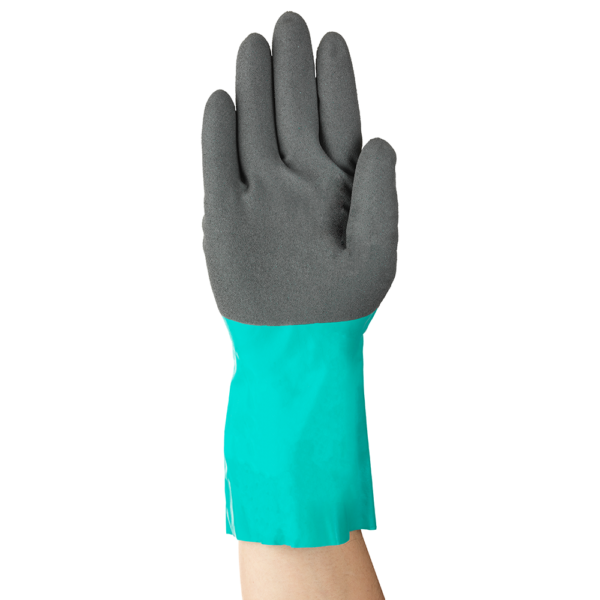 Palm side of Ansell AlphaTec 58-270 glove with textured grey grip and teal cuff
