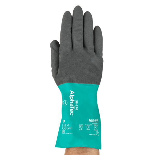 Back of AlphaTec 58-270 glove displaying safety certifications and product branding