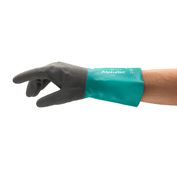 Ansell AlphaTec 58-270 protective glove shown on arm with green cuff and grey palm