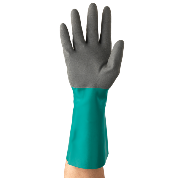 Palm-side view of the Ansell AlphaTec 58-435 glove worn on a hand, showing grey textured grip and extended green cuff.
