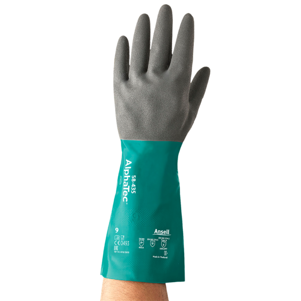 Back-of-hand view of the Ansell AlphaTec 58-435 glove showing printed safety markings and green cuff.