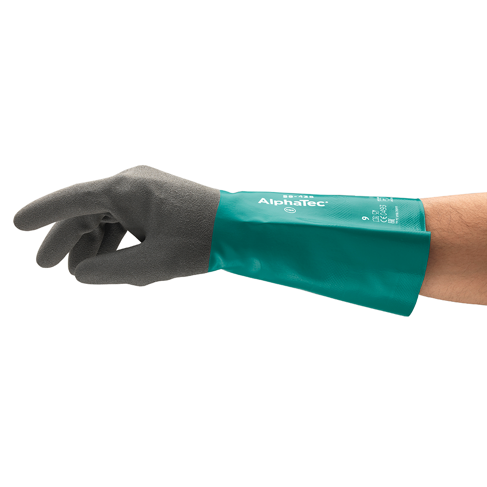 Side view of the Ansell AlphaTec 58-435 glove showing green cuff and grey textured palm, worn on a hand.