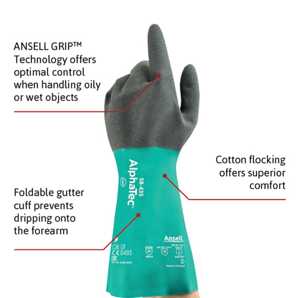 Diagram of the Ansell AlphaTec 58-435 glove with feature callouts including grip technology, foldable cuff, and cotton flock lining.