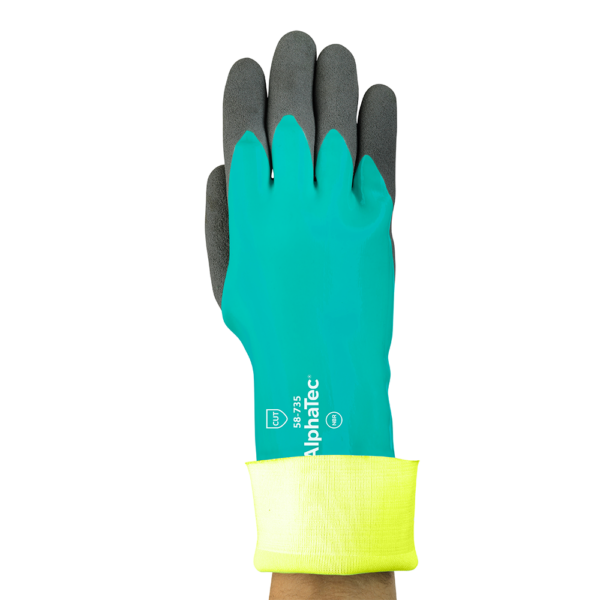 Ansell AlphaTec 58-735 glove with bright yellow inner liner visible at the cuff, indicating cut protection visibility.