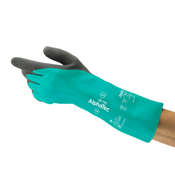 Side view of Ansell AlphaTec 58-735 glove showing ergonomic fit, extended cuff, and textured grip design.