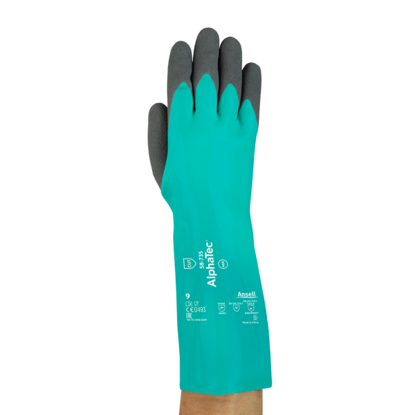 Front view of Ansell AlphaTec 58-735 chemical-resistant glove showing textured black palm and extended teal cuff with printed certification markings.