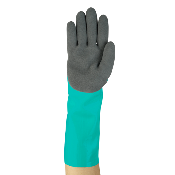 Palm side of Ansell AlphaTec 58-735 glove displaying foam nitrile coating for enhanced grip and chemical resistance.