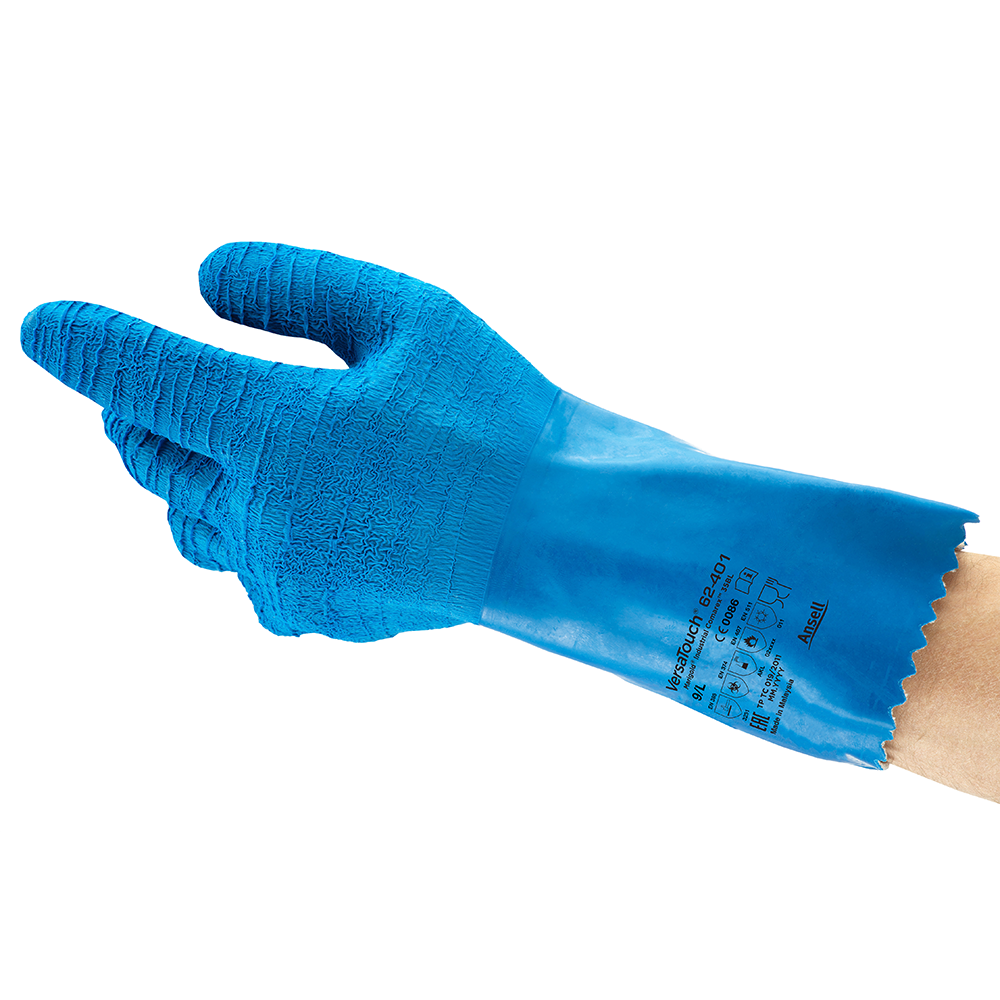 Angled view of the Ansell VersaTouch 62-401 glove showing crinkled latex palm coating and extended cuff